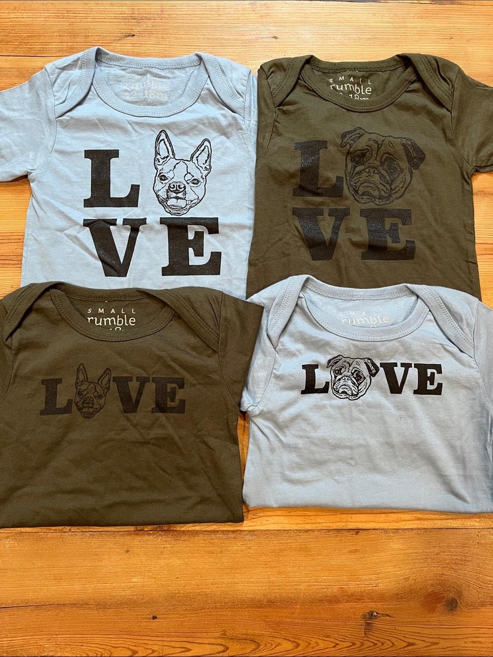 Set/4 SMALL RUMBLE 12-18M Baby Blue & Olive Organic Dog Puppy Love Bodysuits